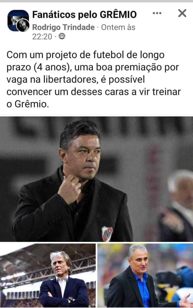 Torcida escolhe nomes para comandarem o Grêmio