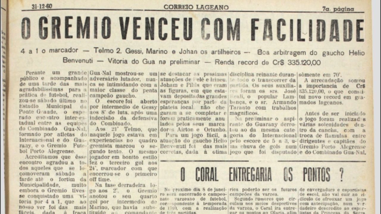 Nessa data em 1960 - Grêmio goleava a Seleção Lages - relembre