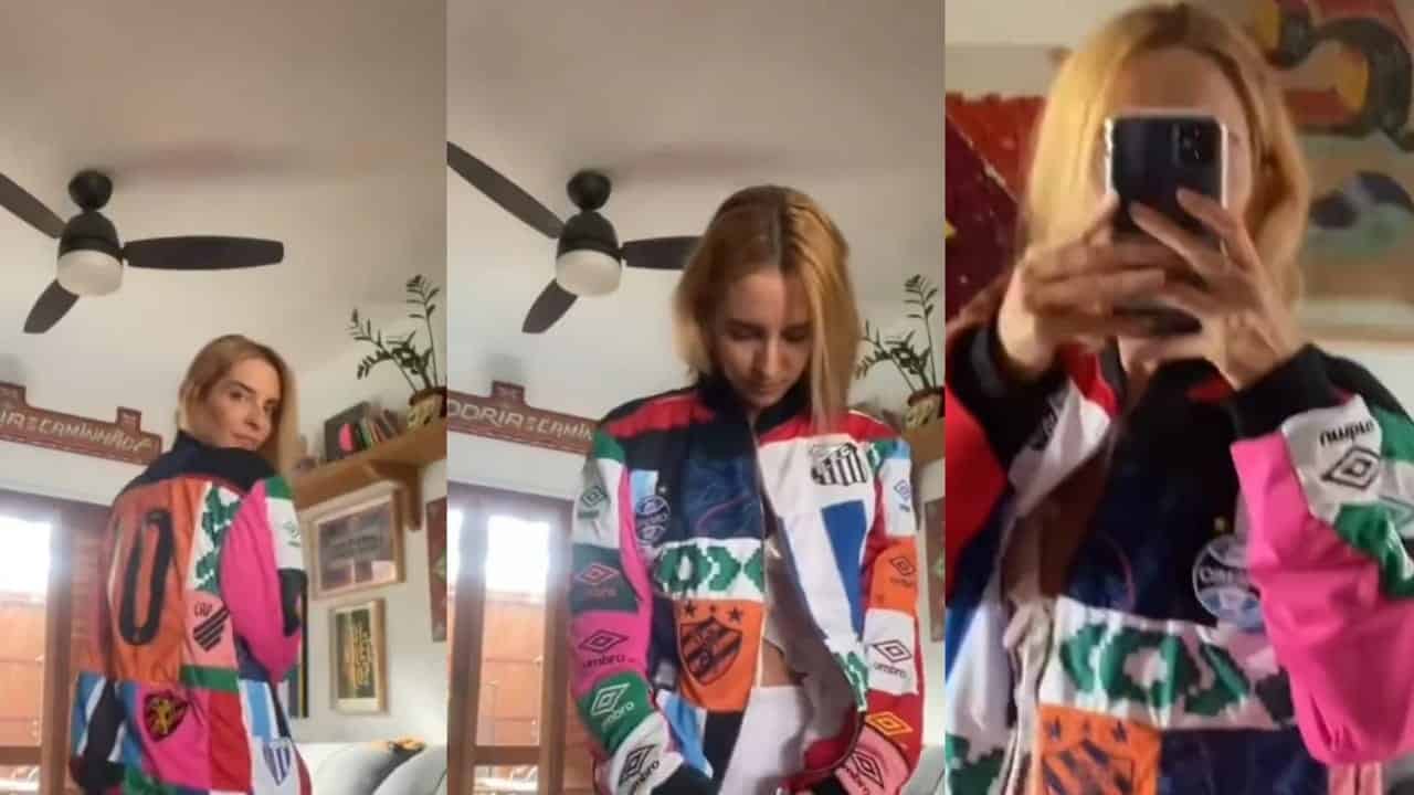 Celina Spolaor recortou camisas de times do futebol brasileiro para fazer uma jaqueta exclusiva