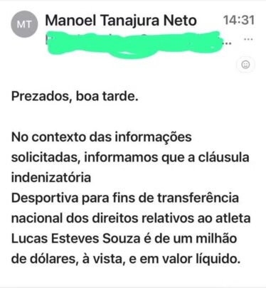 Vaza e-mail do Vitória confirmando multa rescisória de Lucas Esteves