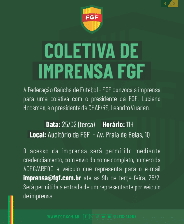 Federação Gaúcha de Futebol (FGF) convocou uma coletiva de imprensa após polêmica com Grêmio