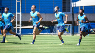 Camilo, Ely, Wagner e Amuzu no treino do Grêmio desta quinta-feira, 19 de março, no CT Luiz Carvalho