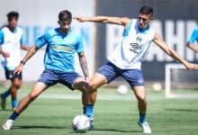 Monsalve e Villasanti no treino do Grêmio desta terça-feira, 4 de março de 2025.