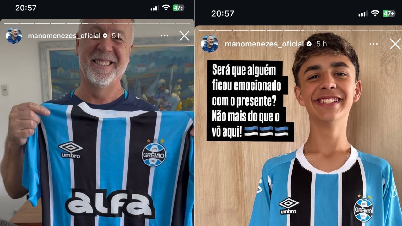 Mano Menezes com a camisa do Grêmio / neto do treinador com o manto Tricolor