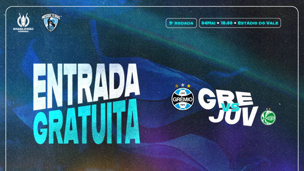 Pôster de divulgação do Tricolor sobre a entrada gratuita dos torcedores para Grêmio x Juventude, pelo Brasileirão Feminino