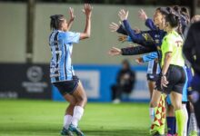 Lance da partida Grêmio x Instituto 3B, no CFT Presidente Hélio Dourado, em Eldorado do Sul, válida pelo Brasileirão Feminino 2025