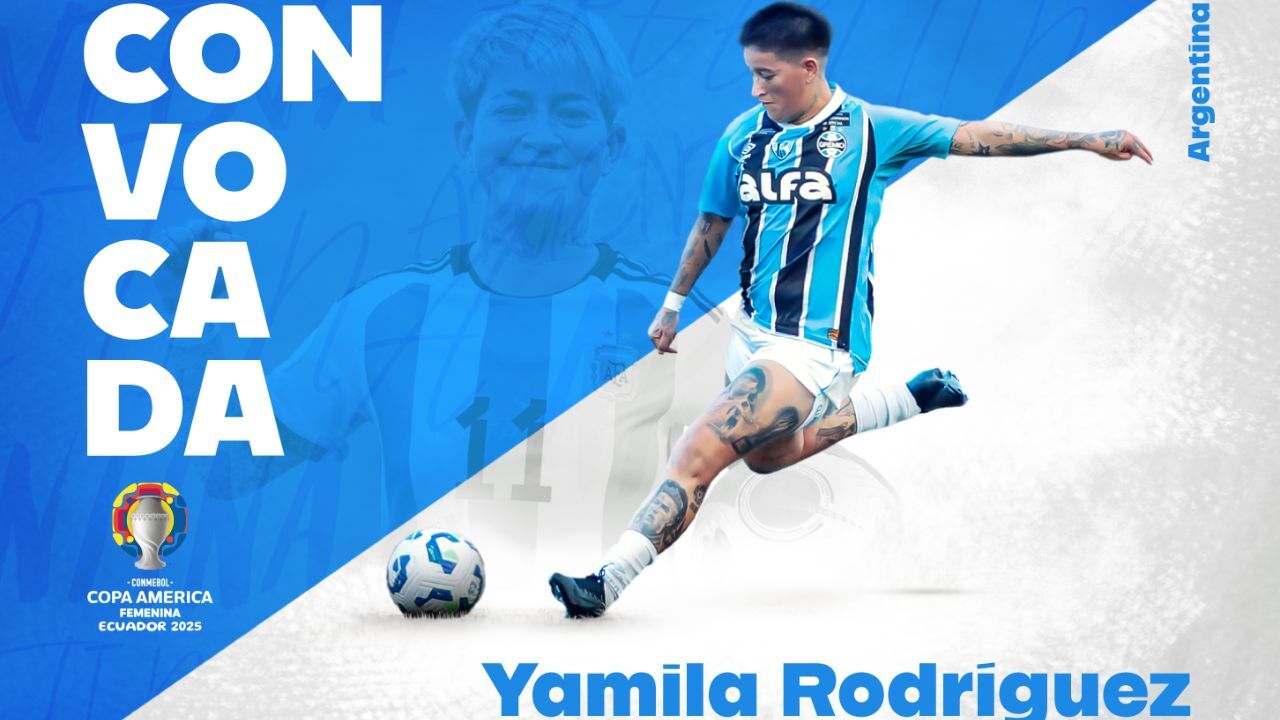 Pôster de divulgação da convocação de Yamila Rodríguez, atacante do Grêmio