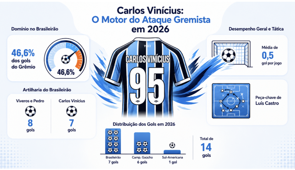 Brasileirão: Carlos Vinícius marca quase 50% dos gols do Grêmio